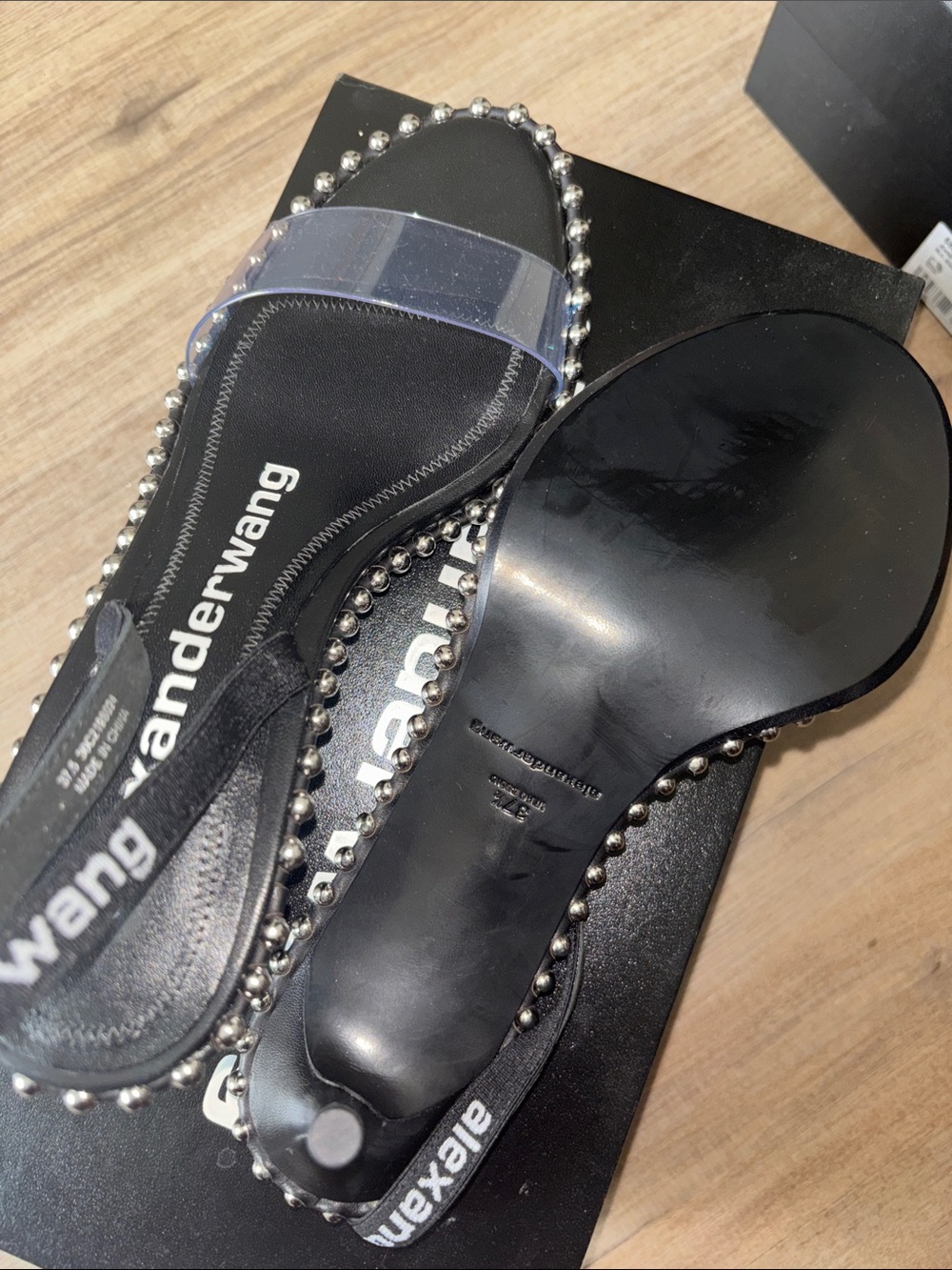 Alexander Wang Black Slide Sandals with Clear Strap and Silver Bead Trim